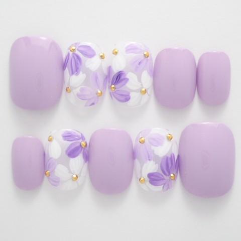 ネイルチップ 春 パープルフラワーペイント 大人女子 ガーリー サイズオーダー ショート つけ爪 デザインサイズオーダー ハンドメイド 43 Dinaネイル 通販 Yahoo ショッピング