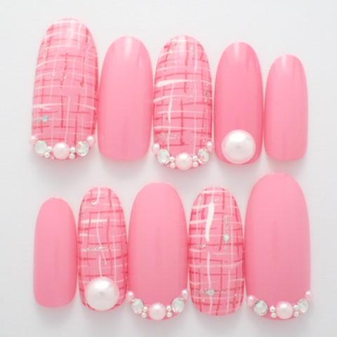 ネイルチップ ピンクベース春ツイード柄パール サイズオーダー ショート つけ爪 デザイン ハンドメイド 91 Dinaネイル 通販 Yahoo ショッピング