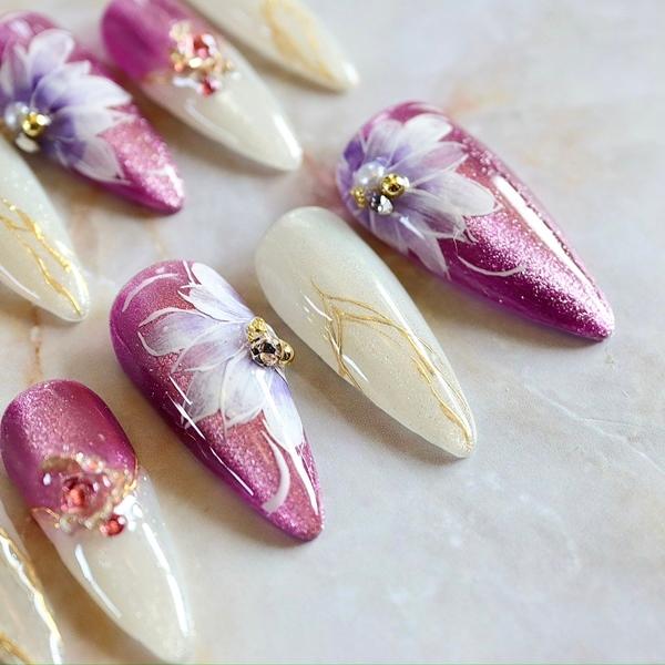 マグネットネイル フレンチネイル フラワー ネイルチップ ハンドメイド