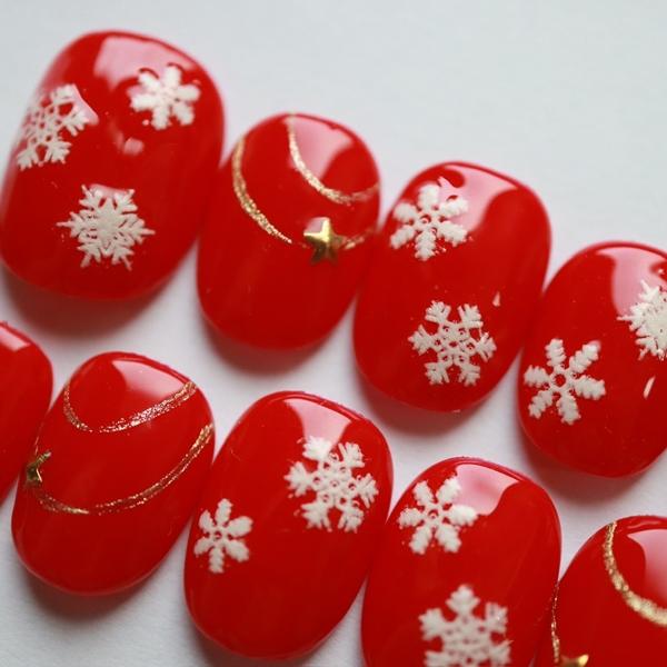 ジェルネイルチップ ハンドメイドネイルチップ レッドベース結晶 冬