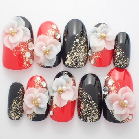 ネイルチップ レッド成人式３ｄフラワー サイズオーダー ショート つけ爪 付け爪 A345 Dinaネイル 通販 Yahoo ショッピング