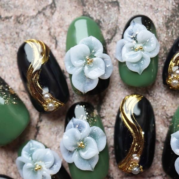 ジェルネイルチップ 付け爪 ショート ロング 和風 成人式 赤緑3D