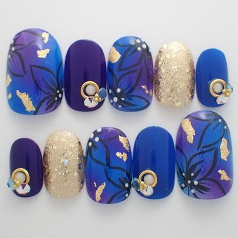 驚きの値段 ネイルチップ ブルーパープルペイントフラワー成人式 サイズオーダー 付け爪 つけ爪 ショート