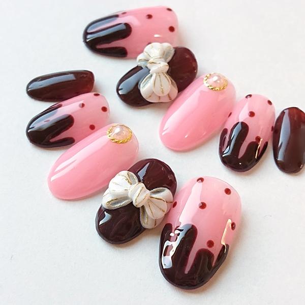 ジェルネイルチップ バレンタインメルティチョコドットガーリーリボン