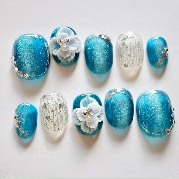 ジェルネイルチップ マグネットネイルブルー3Dフラワー アート