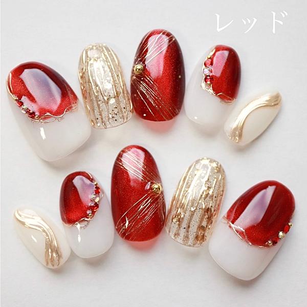ネイルチップ #116 レッド グレー 天然石 キルティング 宝石ネイル 匿名配送】ハンドメイド ネイルチップ 赤 レッド 秋色 シルバー