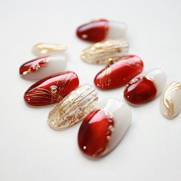 ジェルネイルチップ レッド パープル マグネット 和風 成人式 サイズ 