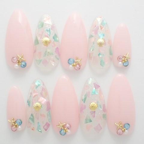 ジェルネイルチップ マーメイドカラフルシェル埋め込み ベビーピンク ショート つけ爪 デザイン El167 Dinaネイル 通販 Yahoo ショッピング