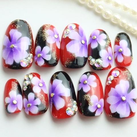 ジェルネイル 赤紫和風フラワーネイルチップ 成人式 卒業式 着物 和装 和風 前