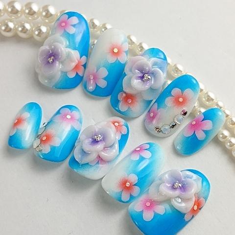 ジェルネイル ブルーベースエアーアートフラワーネイルチップ 成人式 卒業式 着物 和装 和風 前撮り 七五三 付け爪 つけ爪 ネイルチップ El224 Dinaネイル 通販 Yahoo ショッピング