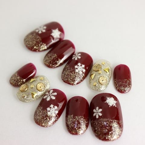 ジェルネイルチップ ボルドーゴールドグラデーション雪の結晶 ネイルチップ 付け爪 El265 Dinaネイル 通販 Yahoo ショッピング