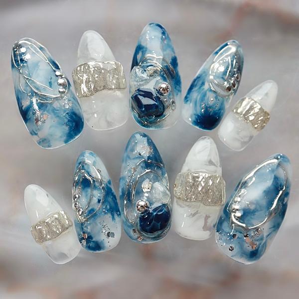 スネイルシェル　千秋　輸入版 ジェルネイルチップ ネイビーホワイトニュアンスストーン 秋冬