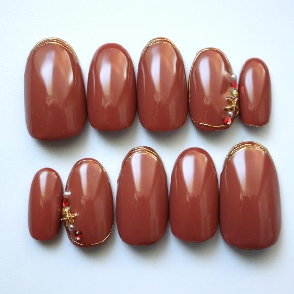 ネイルチップ レッドブラウンシンプルメタルフレンチ サイズオーダー