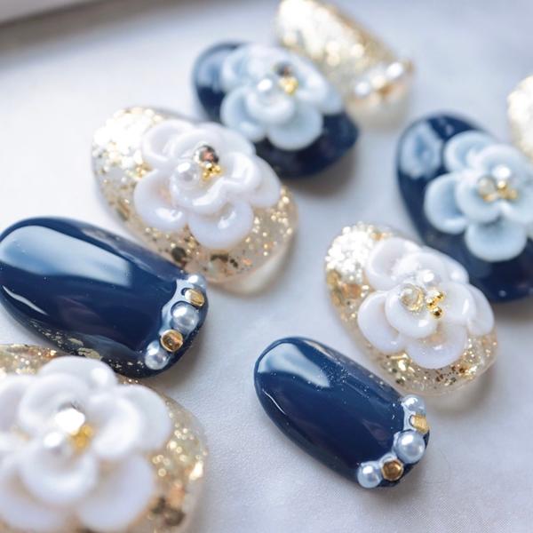 ネイビーボルドー3Dフラワー 成人式ジェルネイルチップ 付け爪 : DINA