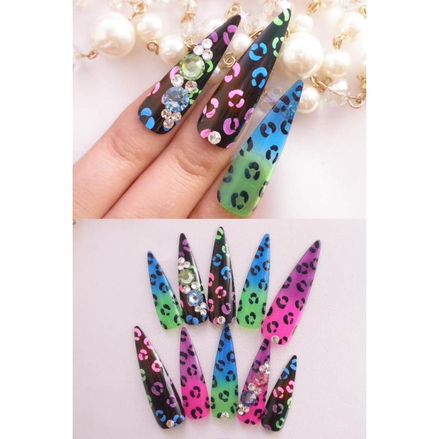 ネイルチップ カラフル豹柄大粒ストーン サイズオーダー ハンドメイド デザインつけ爪 ロング L128 Dinaネイル 通販 Yahoo ショッピング