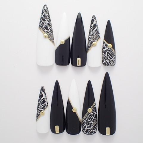 ネイルチップ 白黒シャッターカットフレンチ サイズオーダー ハンドメイド デザインつけ爪 ロング L18 Dinaネイル 通販 Yahoo ショッピング