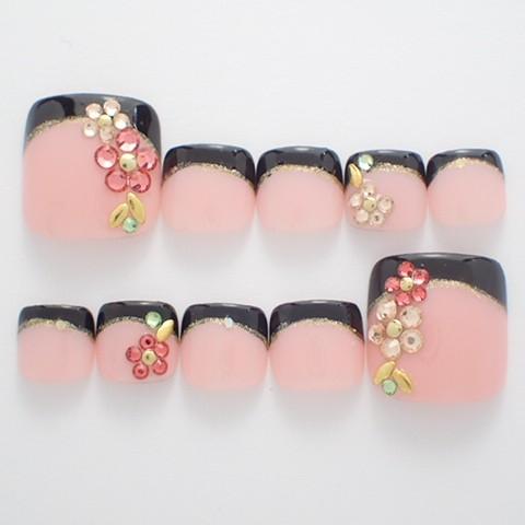 フットネイルチップ 黒フレンチフラワーストーンアート 足用 サイズオーダー ハンドメイド つけ爪 ペディキュア P129 Dinaネイル 通販 Yahoo ショッピング