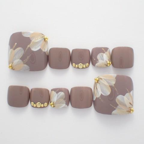 フットネイルチップ グレージュベース花柄 足用 サイズオーダー ハンドメイド つけ爪 ペディキュア P197 Dinaネイル 通販 Yahoo ショッピング