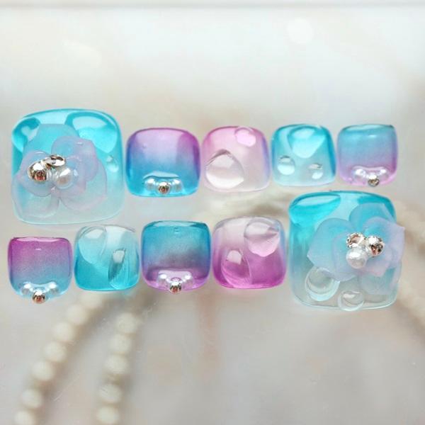 ジェルネイル フットネイルチップ ブルーパープル氷華水滴 足用 サイズ