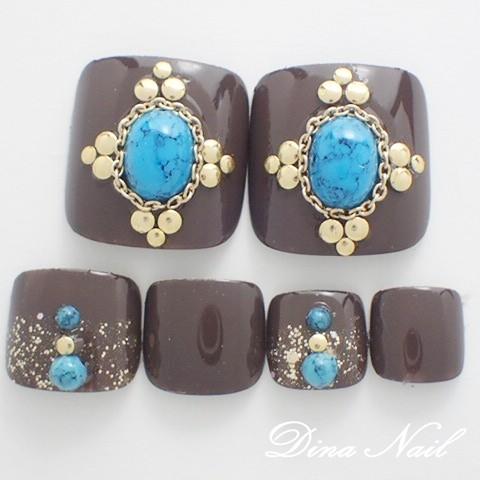 フットネイルチップ ブラウンにターコイズデザイン 足用 サイズオーダー ハンドメイド つけ爪 ペディキュア P270 Dinaネイル 通販 Yahoo ショッピング