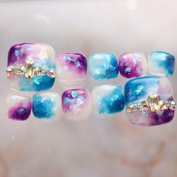ジェルネイル フットネイルチップ ブルーパープルシェル埋め込み 足用