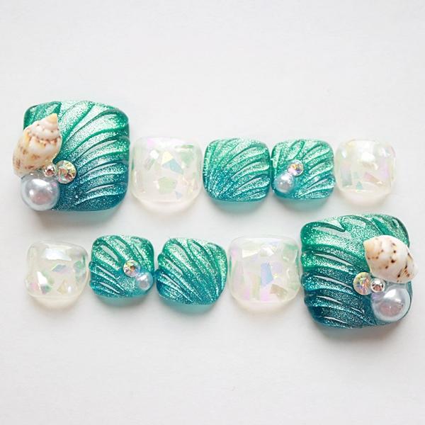 【フット】ブルーシェル フットネイルチップ フットネイルチップ 現品 完成品 ペディキュア ジェルチップ