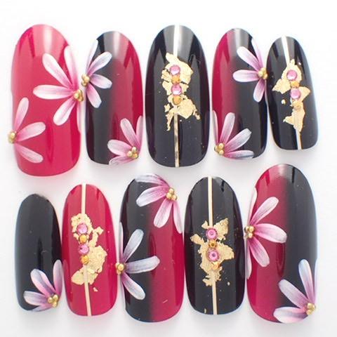 ネイルチップ 和風 成人式 卒業式ネイルチップボルドー縦グラデ花柄 サイズオーダー ハンドメイド デザインつけ爪 ラウンド Ro258 Dina ネイル 通販 Yahoo ショッピング
