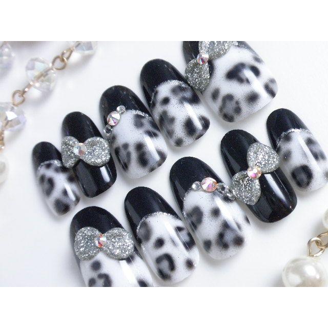 ネイルチップ グレー豹柄フレンチシルバーリボン サイズオーダー ハンドメイド デザインつけ爪 ラウンド Ro261 Dinaネイル 通販 Yahoo ショッピング