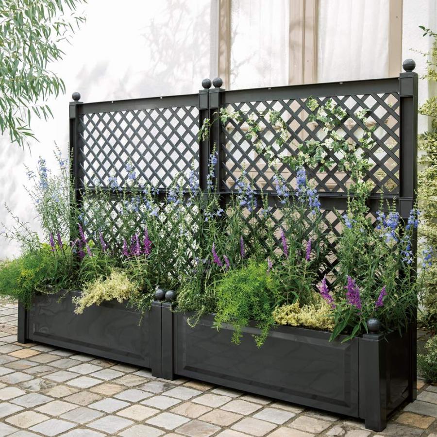 木製の格子とトレリスとつる性の植物を備えたプランターを備えたモダンなバルコニーの装飾