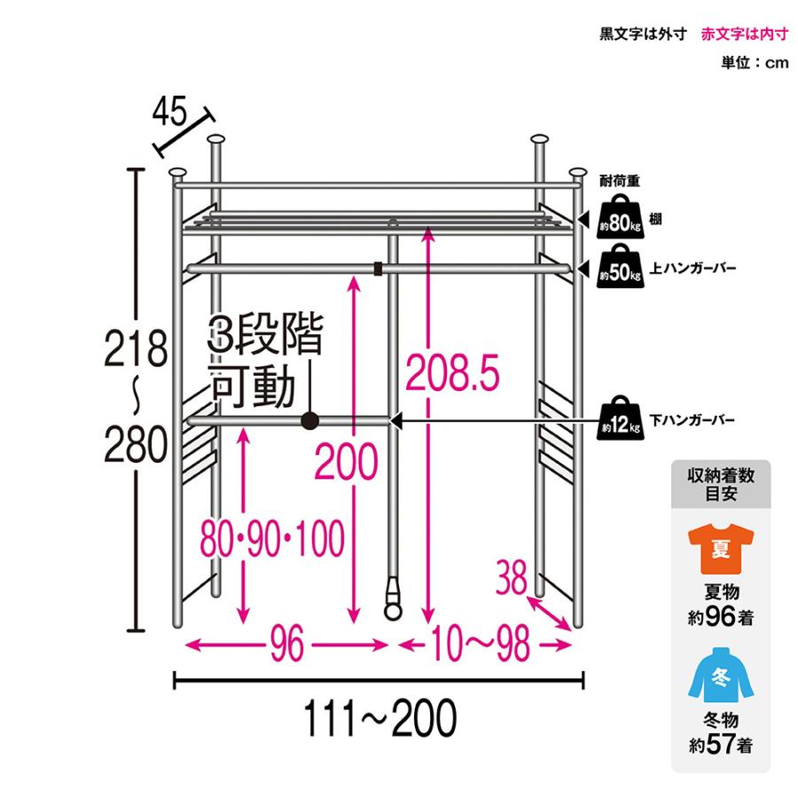 ワードローブ ウォークイン突っ張りハンガー 幅111cm-200cm・ハイタイプ（高さ218cm-280cm）・カーテンなし 衣類収納 クローゼットハンガー カバー 644654_4