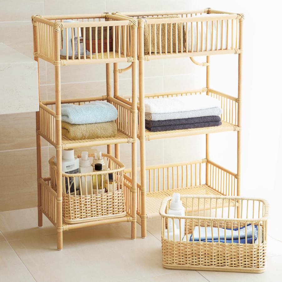 スリム 籐のランドリーラック スリム3段（脱衣カゴ1個付き） 洗濯用品
