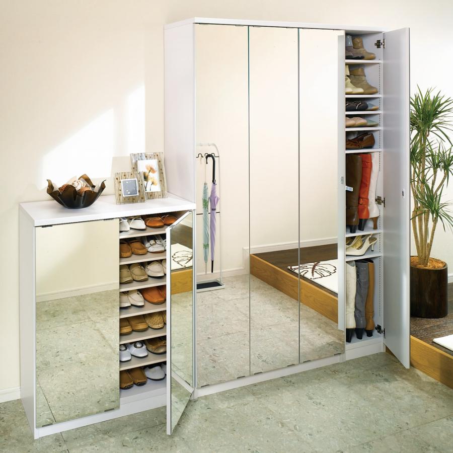 dinosディノス　ホワイト ミラー扉　下駄箱　シューズラック 前面ミラー＆板戸シューズボックス ハイタイプ・幅89.5 高さ180cm 通販