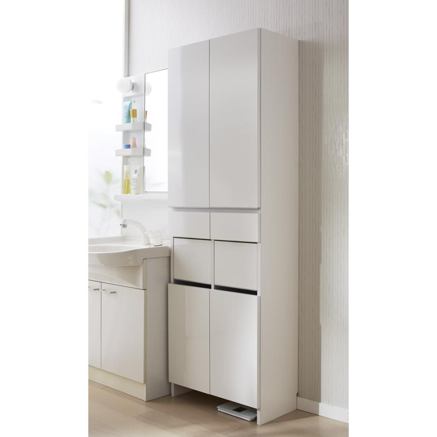 トイレ 洗面所 ランドリー収納 洗面所収納 隙間収納 組立不要 洗濯カゴ付き2in1光沢サニタリー収納庫 ハイタイプ 幅60.5cm 526731 の商品画像