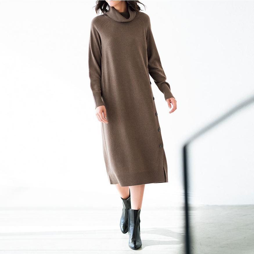 他店圧倒価格 最安値に挑戦 ファッション ワンピース チュニック ニットワンピース イタリア素材 ボタンスリット オフタートル ニットワンピース A501 限定セール Skylanceronline Com