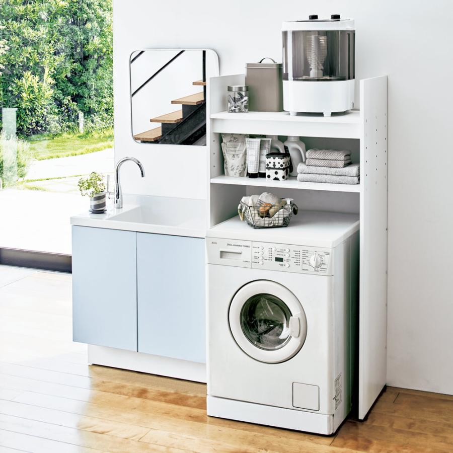 dinos モダンランドリーラック （棚板＋引き出し付き） ホワイト 洗濯機 1本脚ですっきり置けるモダンランドリーラック 棚2段バスケット2