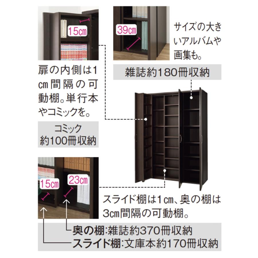 本に迷わずたどり着ける扉付きスライド本棚 幅120cmタイプ 本棚 ラック シェルフ ブックシェルフ 書棚 589288の画像