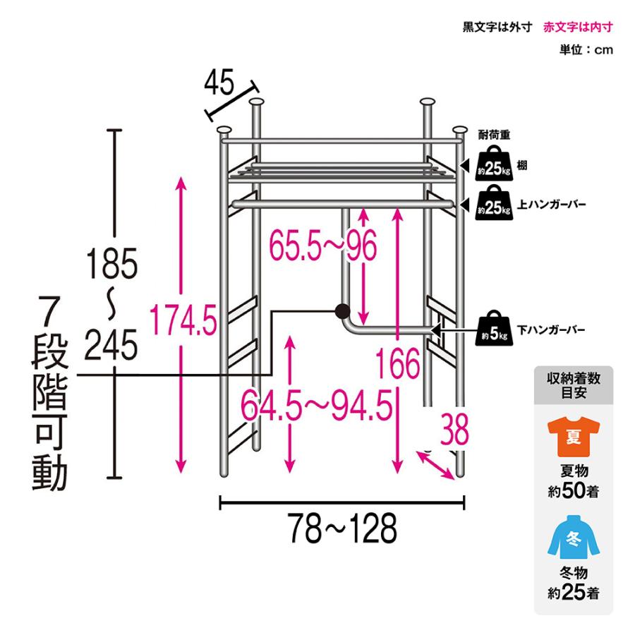 ウォークイン突っ張りハンガー 幅78cm-128cm・ロータイプ（高さ185cm 