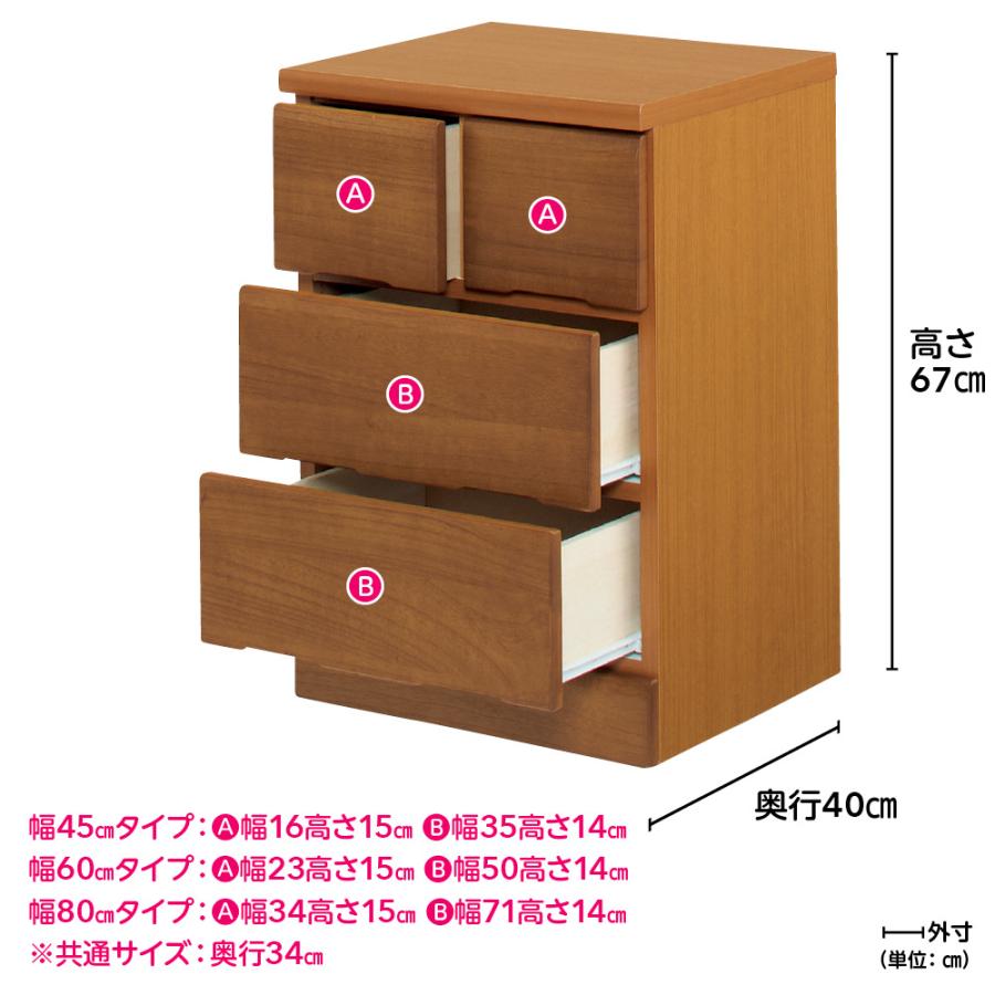 ≪幅45cm≫ サイズが豊富に選べる天然木レール付きチェスト 3段タイプ（高さ67cm） リビング収納 リビング 645101の画像
