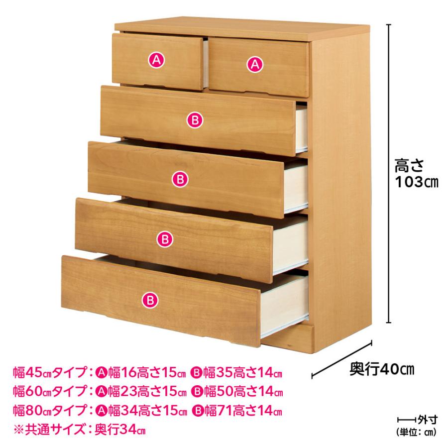 ≪幅45cm≫ サイズが豊富に選べる天然木レール付きチェスト 5段タイプ（高さ103cm） リビング収納 リビング 645103の画像