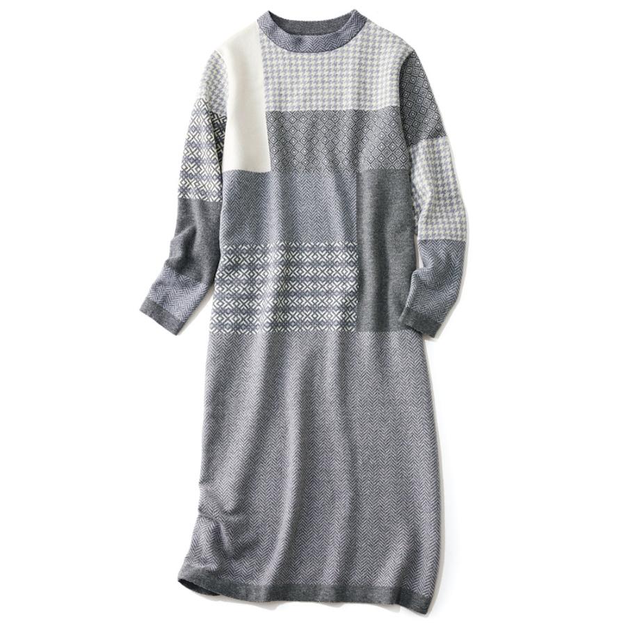 ウールカシミヤ ニットジャカードワンピース ファッション ワンピース PC5999 dinos（ディノス） ウールカシミヤ ニットジャカードワンピース