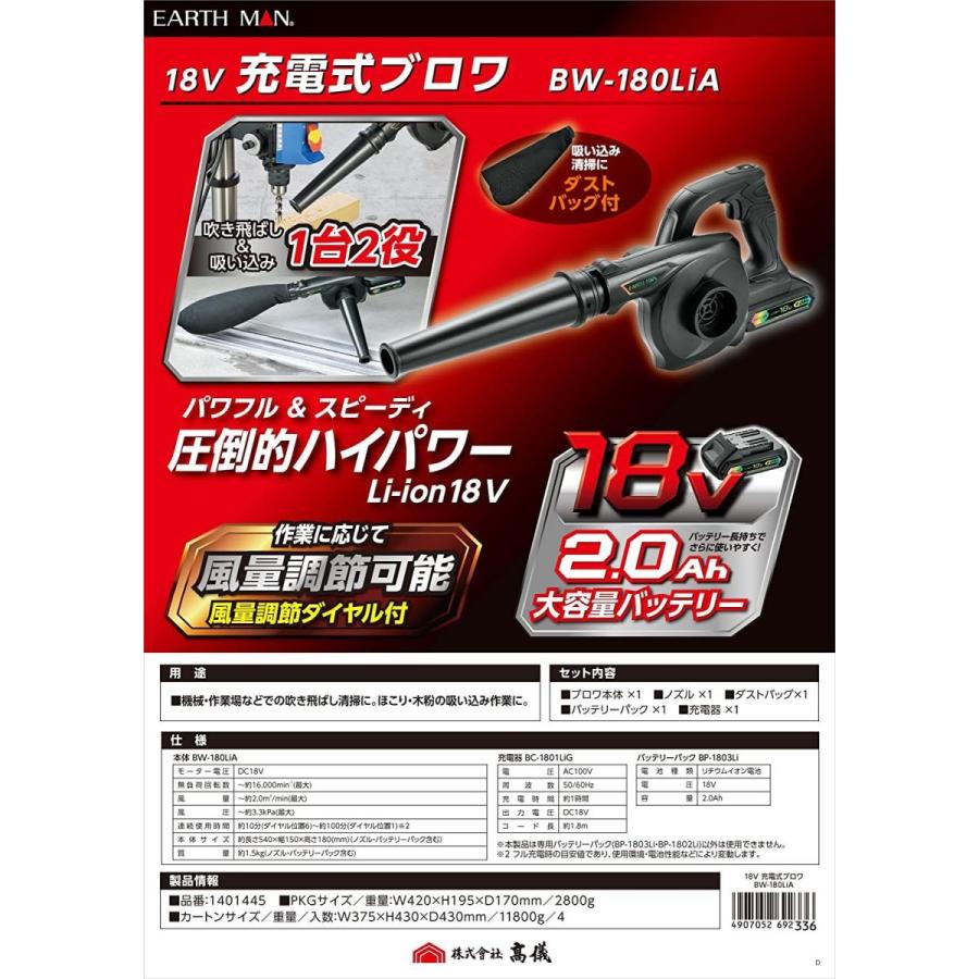 高儀 EARTH MAN 18V充電式ブロワ BW-180LiA EARTH MAN 18V充電式ブロワ BW 180LiA 最大
