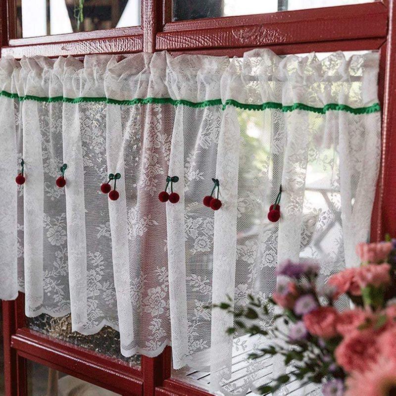 カフェカーテン 小窓用カーテン おしゃれ 60cm丈 90cm丈 45cm丈 間仕切り レース ポンポン付き 刺 レースカーテン かわいい Diofioredrago 通販 Yahoo ショッピング