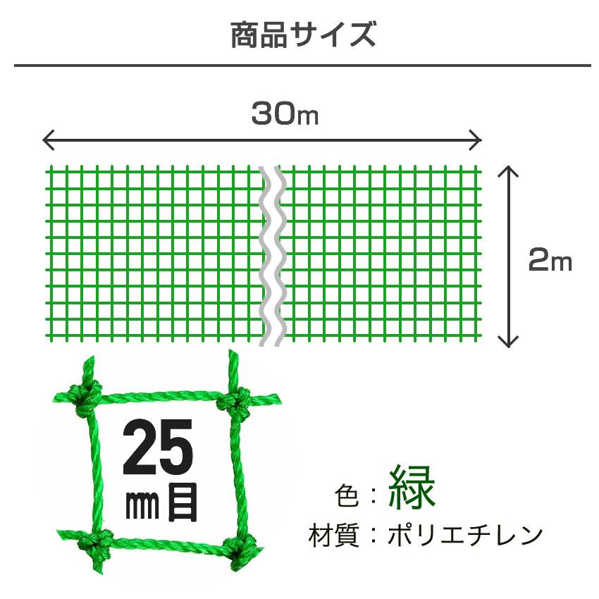 ダイオ 公式 防球ネット ロール 25mm角目 2m×30m 緑 ポリ有結