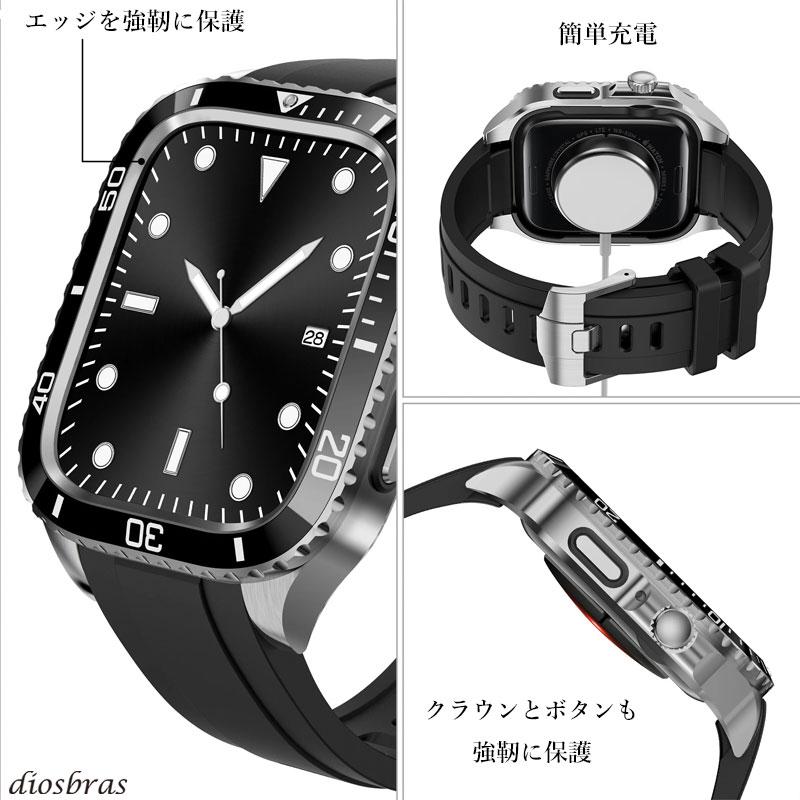 apple watch アップルウォッチ バンド ベルト スポーツモデル ステンレス ケース カバー 一体型　ラバー  メンズの画像