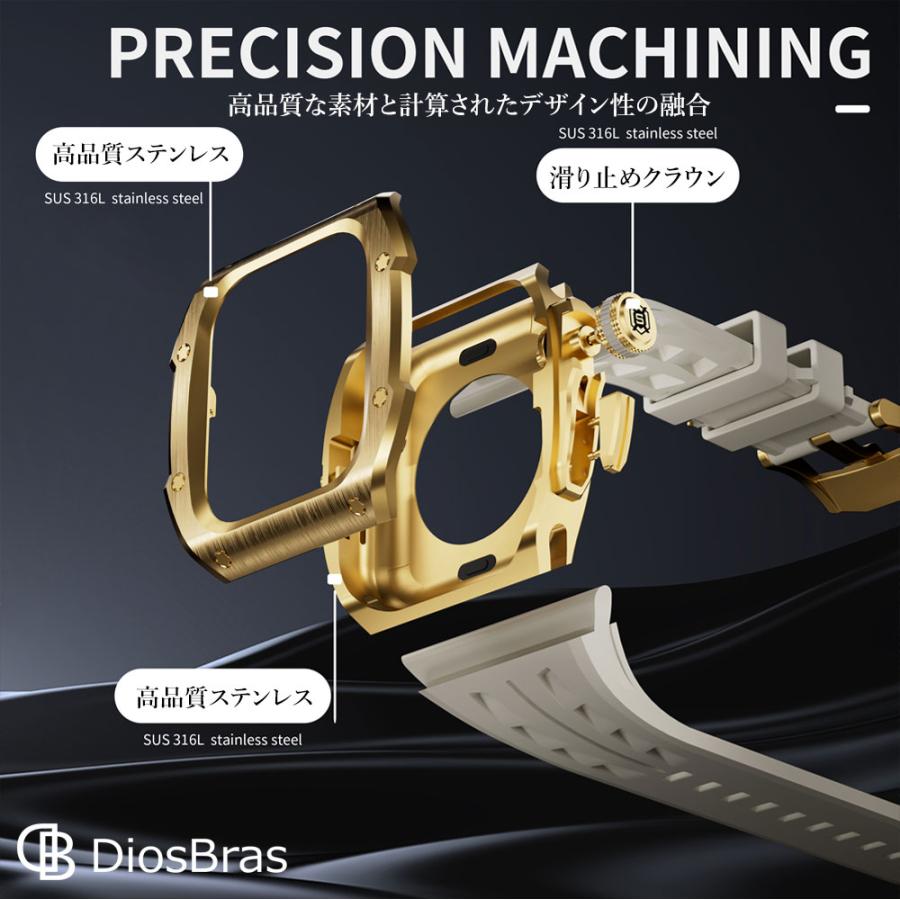 apple watch アップルウォッチ 46mm シリーズ10 バンド ベルト ステンレス ケース カバー 一体型　ラバー  メンズの画像