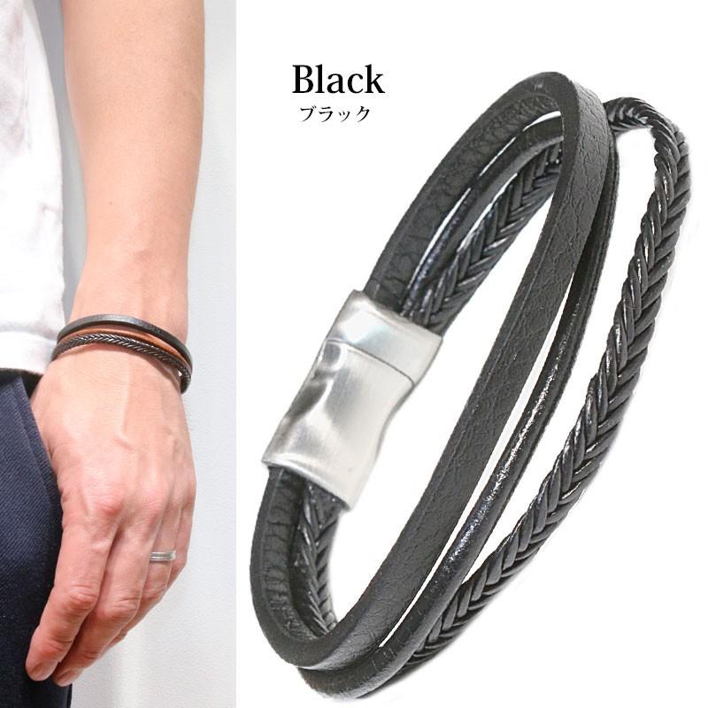 レザーブレスレット 本革 3連 ブレス 牛革 バングル ステンレス