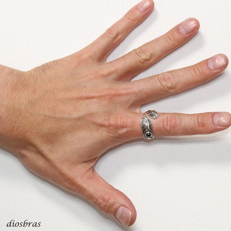 シルバー925 フェザー 指輪 オニキス リング フリーサイズ シルバー 羽