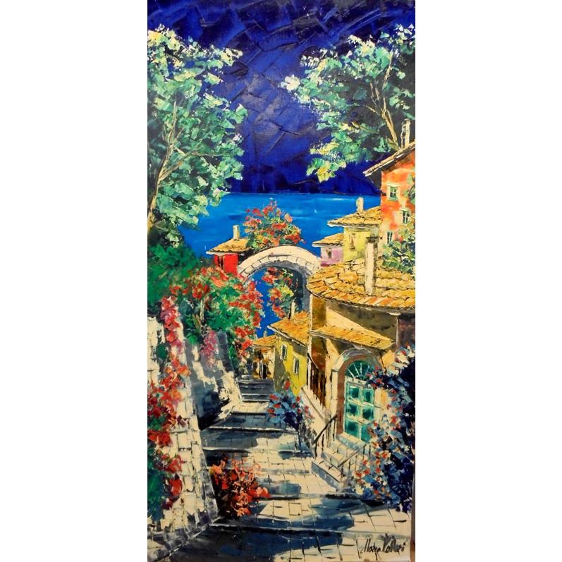 イタリア油絵 絵画 マルコ 作 イタリア風景 「イタリア風景・海へ向かう道」 インテリア リビング 定価550000円 | 