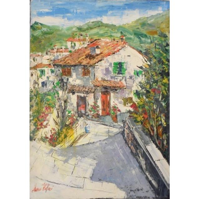 油絵 絵画 マルコ 作 イタリア風景 「赤い屋根の家並」 インテリア