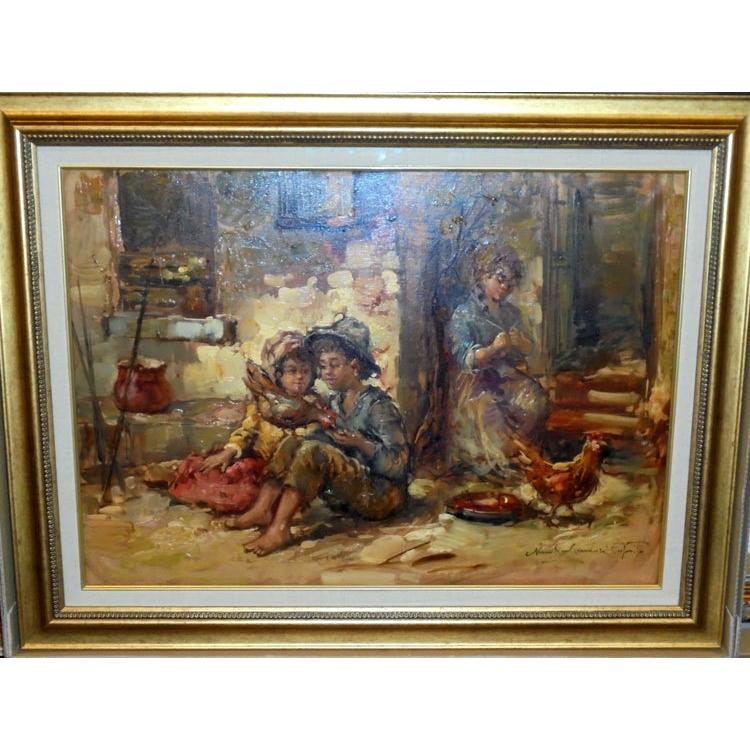 絵画 油絵 サルヴァドーリ（イタリア）「農家の子供と鶏」 人物画